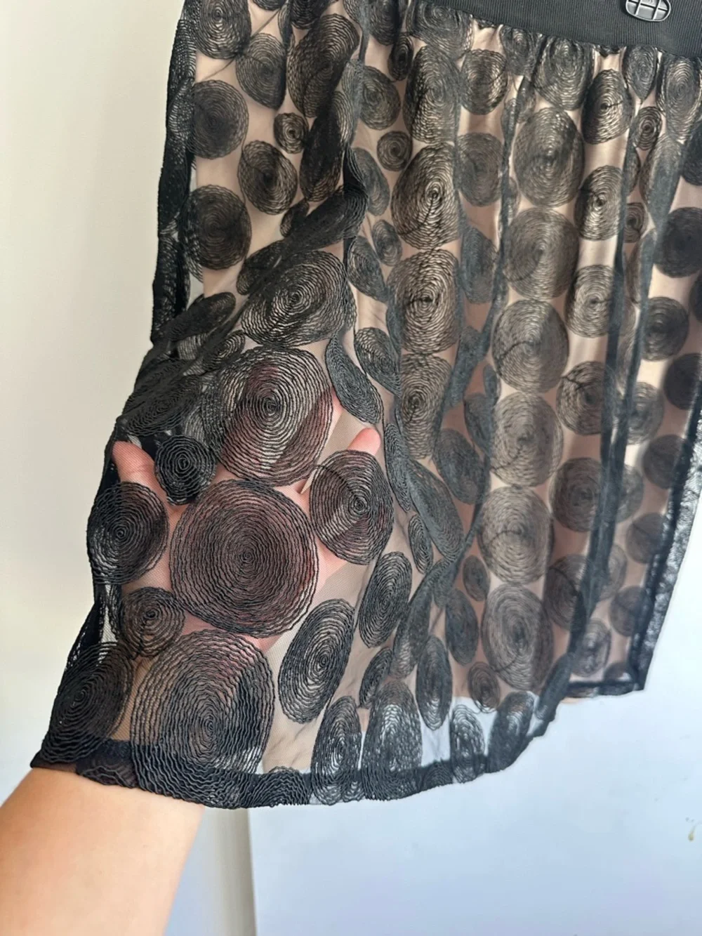Lane Bryant Black Sheer Polka-Dot Overlay Midi Skirt with Nude Lining